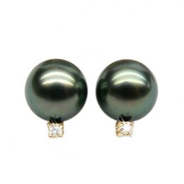 Boucles oreilles perles - Clous or jaune - Perle de Tahiti - Puces diamants
