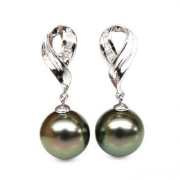 Boucles oreilles perles noires - Perle de Tahiti - Or blanc - Diamants sertis rails