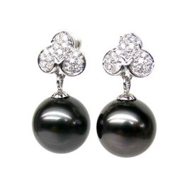 Boucles d'oreilles trèfles - Perles de Tahiti - Or blanc, diamants