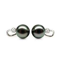 Boucles oreilles - Pendants perles Tahiti noires - Or blanc, diamants