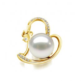 Pendentif perle d'Australie or jaune et diamant - Coeur de trèfle