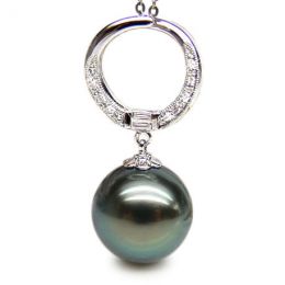 Pendentif circle - Perle Tahiti noire, bleue verte - Or blanc, diamants