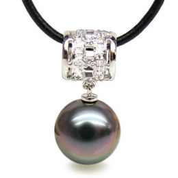Pendentif bélière circulaire - Perle de Tahiti - Or blanc, diamants
