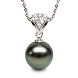 Pendentif classique - Perle de Tahiti grise foncée - Or blanc, diamant