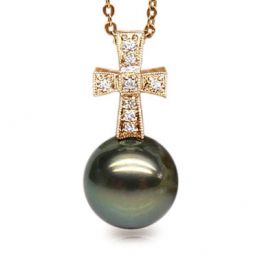 Pendentif croix romaine - Perle de Tahiti - Or jaune, diamants