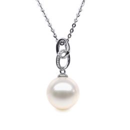 Pendentif 2 anneaux monté d'une perle blanche - Or blanc, diamants