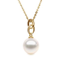 Pendentif 2 anneaux avec perle de culture - Or jaune, diamants pavés