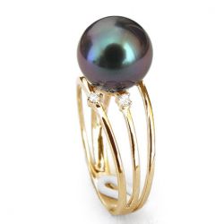 Bague perle noire Or jaune 3 anneaux diamants