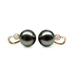  Boucles oreilles - Pendants perles Tahiti noires - Or jaune, diamants