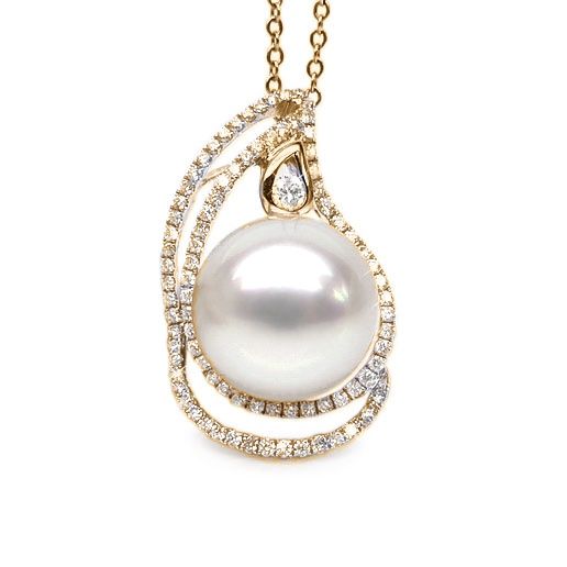 Pendentif Larme d'Eurydice perle d'Australie, or jaune et diamants