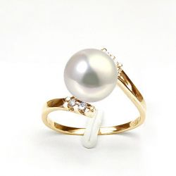 Bague ondulée solitaire - Or jaune, diamants - Perle lavande culture
