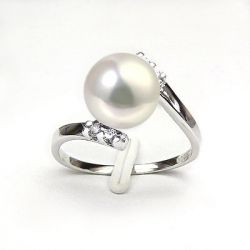 Bague ondulée solitaire - Or blanc, diamants - Perle lavande culture