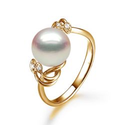 Bague fleur - Or jaune, Diamants - Perle de culture, Eau douce