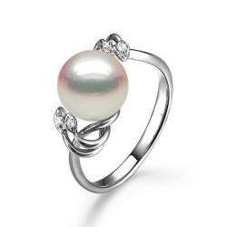 Bague fleur - Or blanc, Diamants - Perle de culture, Eau douce