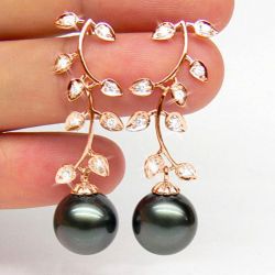 Boucles oreilles Nature - Perles de Tahiti noires - Or rose, diamants