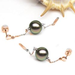 Boucles oreilles perles de Tahiti - Chaine gourmette - Or rose, diamants