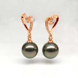 Boucles oreilles coeurs - Perles de Tahiti paons aubergines - Or rose