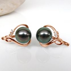 Boucles oreilles dormeuses clips - Perles de Tahiti - Or rose, diamants