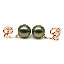 Boucles oreilles coeur - Pendants or rose - Perles de Tahiti - Diamants