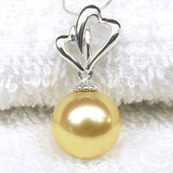 Pendentif 2 coeurs d'or blanc - Perle d'Australie dorée