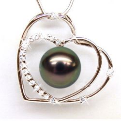 Pendentif double coeur - Perle Tahiti paon aubergine - Or rose, diamants