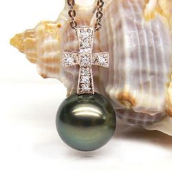 Pendentif croix romaine - Perle de Tahiti - Or rose, diamants