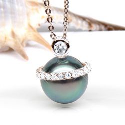 Pendentif de style - Cerclage mobile - Perle Tahiti, or rose, diamants
