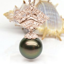 Pendentif perle de Tahiti - Or rose - Diamants princesses, brillants