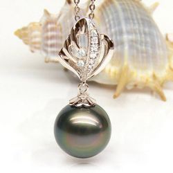 Pendentif création végétale - Perle de Tahiti - Or rose, diamants