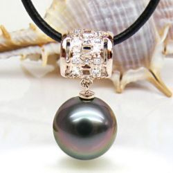 Pendentif bélière circulaire - Perle de Tahiti - Or rose, diamants