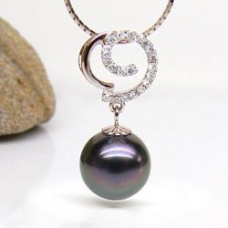 Pendentif joaillerie - Perle Tahiti paon aubergine - Or rose, diamants