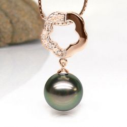 Pendentif floral - Perle de Tahiti noire, aubergine - Or rose, diamants