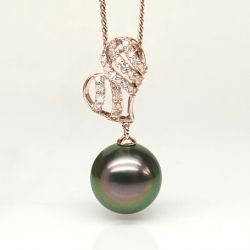 Pendentif stylisé - Coeur - Perle de Tahiti - Or rose, diamants