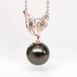 Création pendentif feuilles - Perle Tahiti noire paon - Or rose, diamants