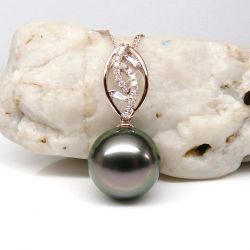 Pendentif deux feuilles - Perle de Tahiti - Or rose, diamants