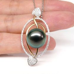 Pendentif 2 coeurs flamboyants - Perle de Tahiti - 2 ors, diamants or rose et blanc