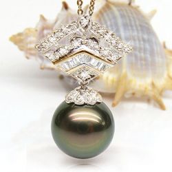 Pendentif perle de Tahiti - Or jaune - Diamants princesses, brillants