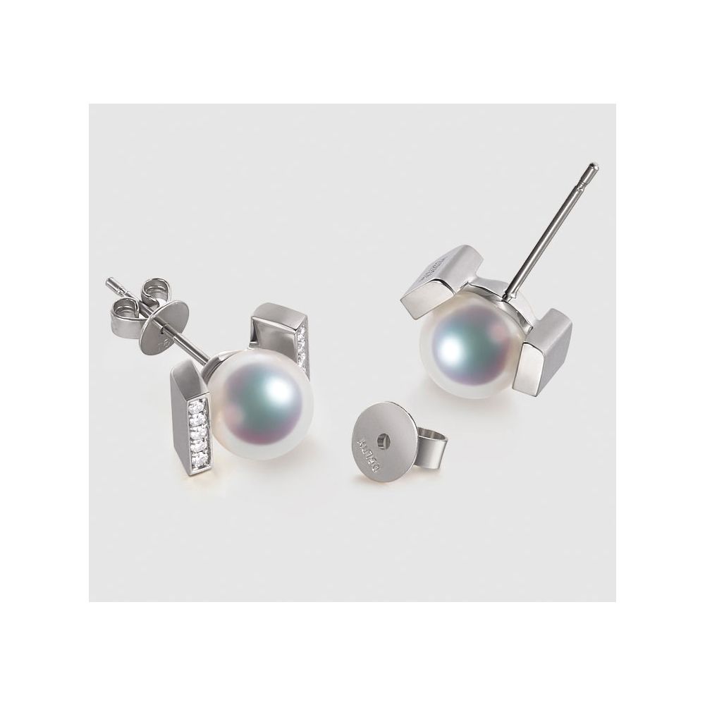 Boucles oreilles modernes forme rail. Or blanc, Diamants et Perles Akoya - 5