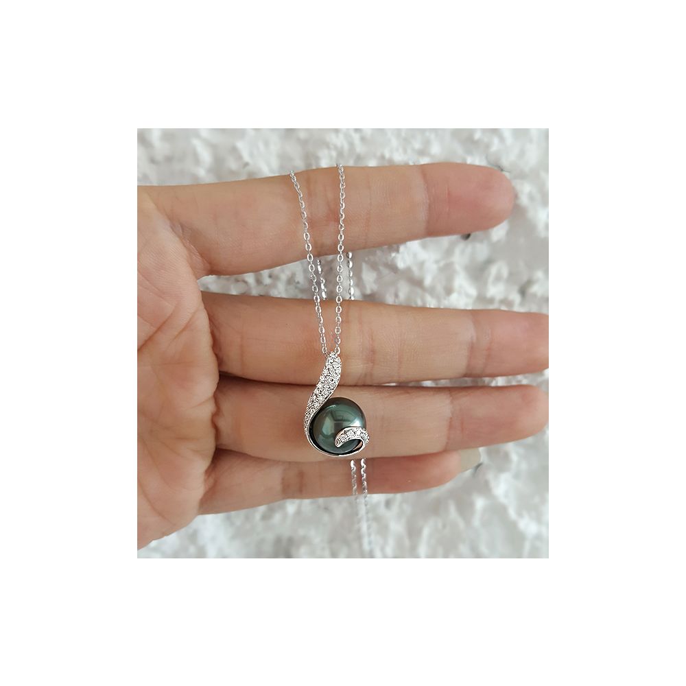 Pendentif écharpe diamantée - Perle de Tahiti noire, bronze - Or blanc - 3