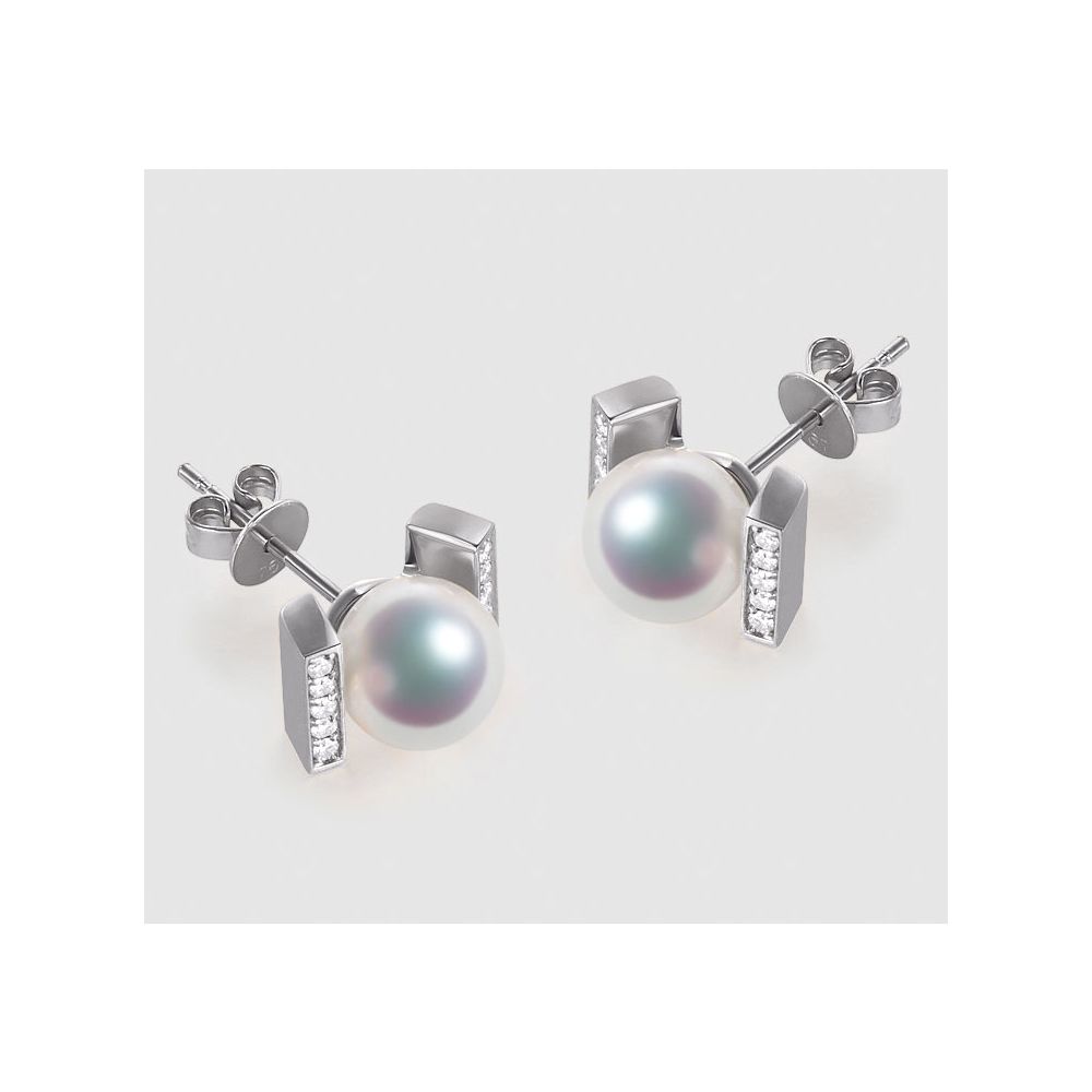Boucles oreilles modernes forme rail. Or blanc, Diamants et Perles Akoya - 3