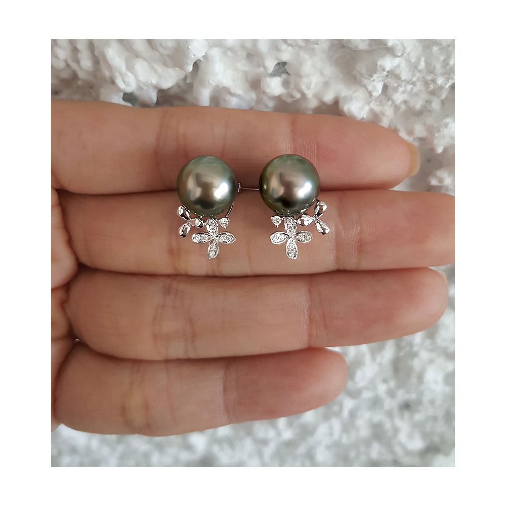 Boucles oreilles perles Tahiti motifs floraux - Or blanc, diamants - 3
