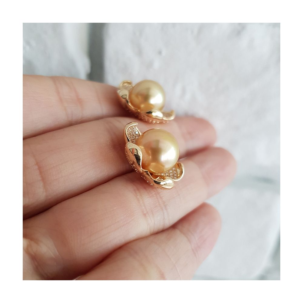 Boucles d'oreilles fleurs de frangipanier - Perles d'Australie dorées - 4