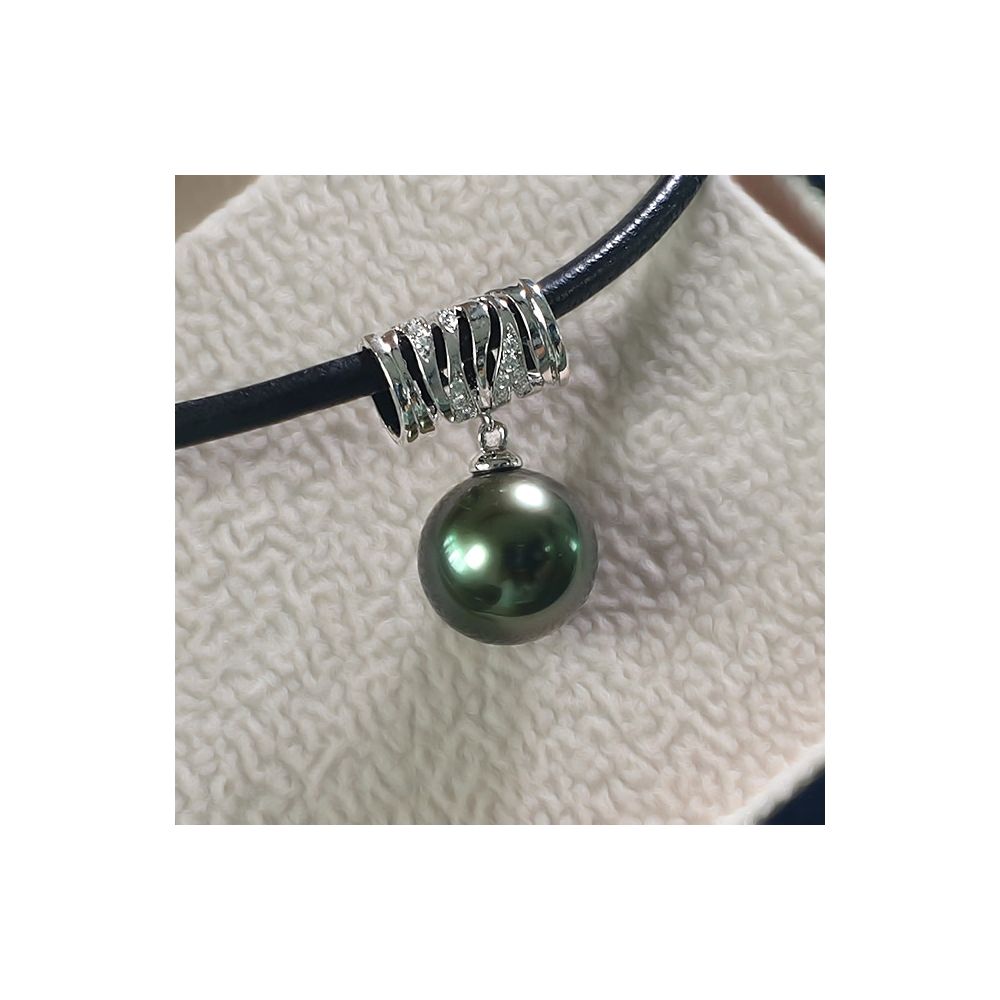 Pendentif circulaire avec cordon - Perle de Tahiti - Or blanc, diamants - 6