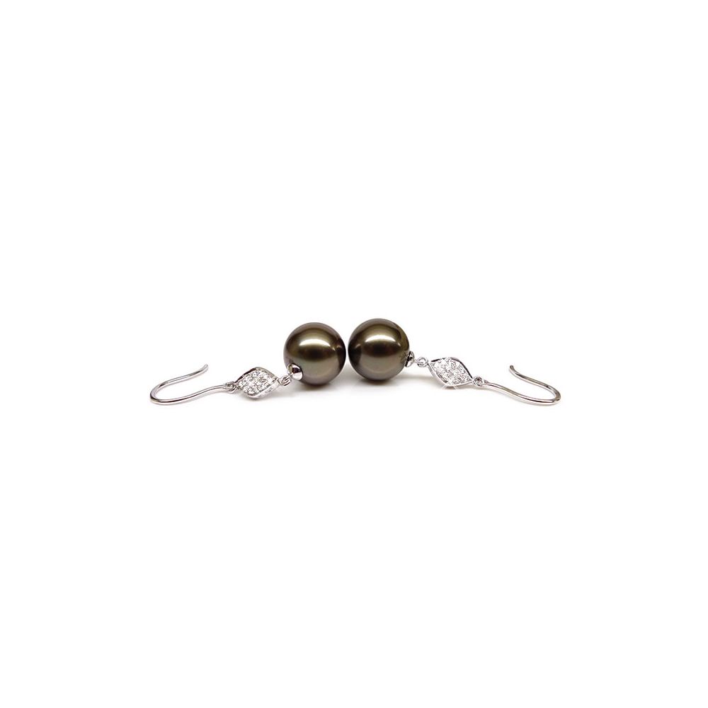 Boucles oreilles - Crochets perles de Tahiti -  Or blanc, diamants pavés - 3