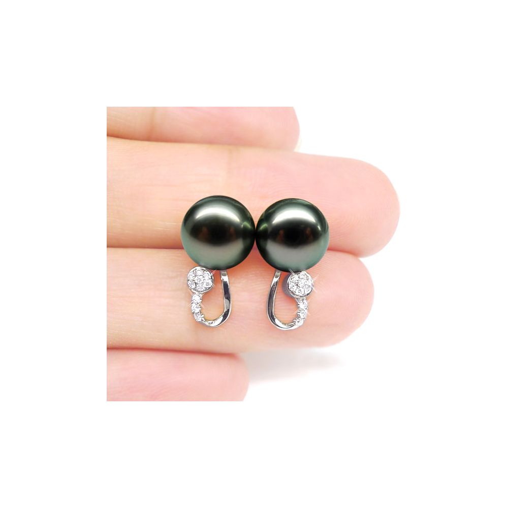 Boucles oreilles - Pendants perles Tahiti noires - Or blanc, diamants - 2