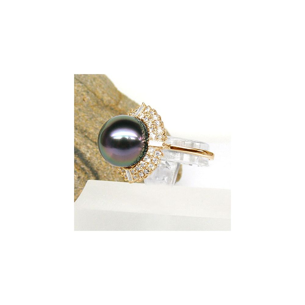 Bague auréolée de diamants - Perle de Tahiti paon rosée - Or jaune - 2