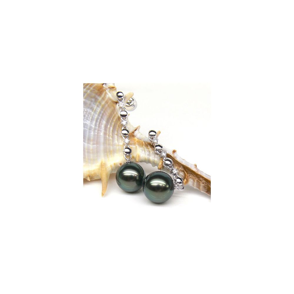 Boucles oreilles chainettes - Perles de Tahiti - or blanc, diamants - 2