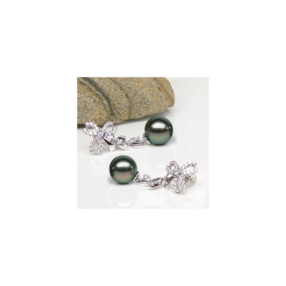 Boucles oreilles or blanc - Perles de Tahiti - Diamants - Composition florale - 4