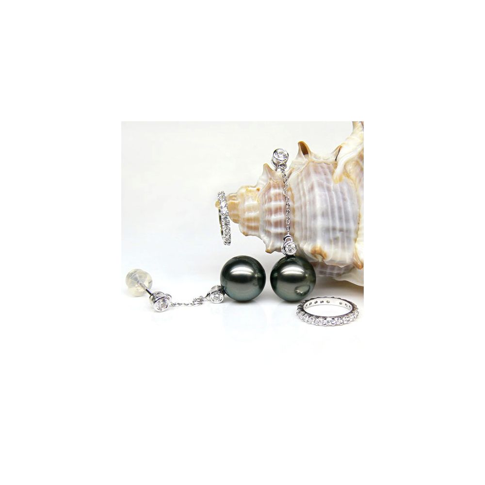 Boucles oreilles cercles diamantés - Perles de Tahiti noires - Or blanc - 4