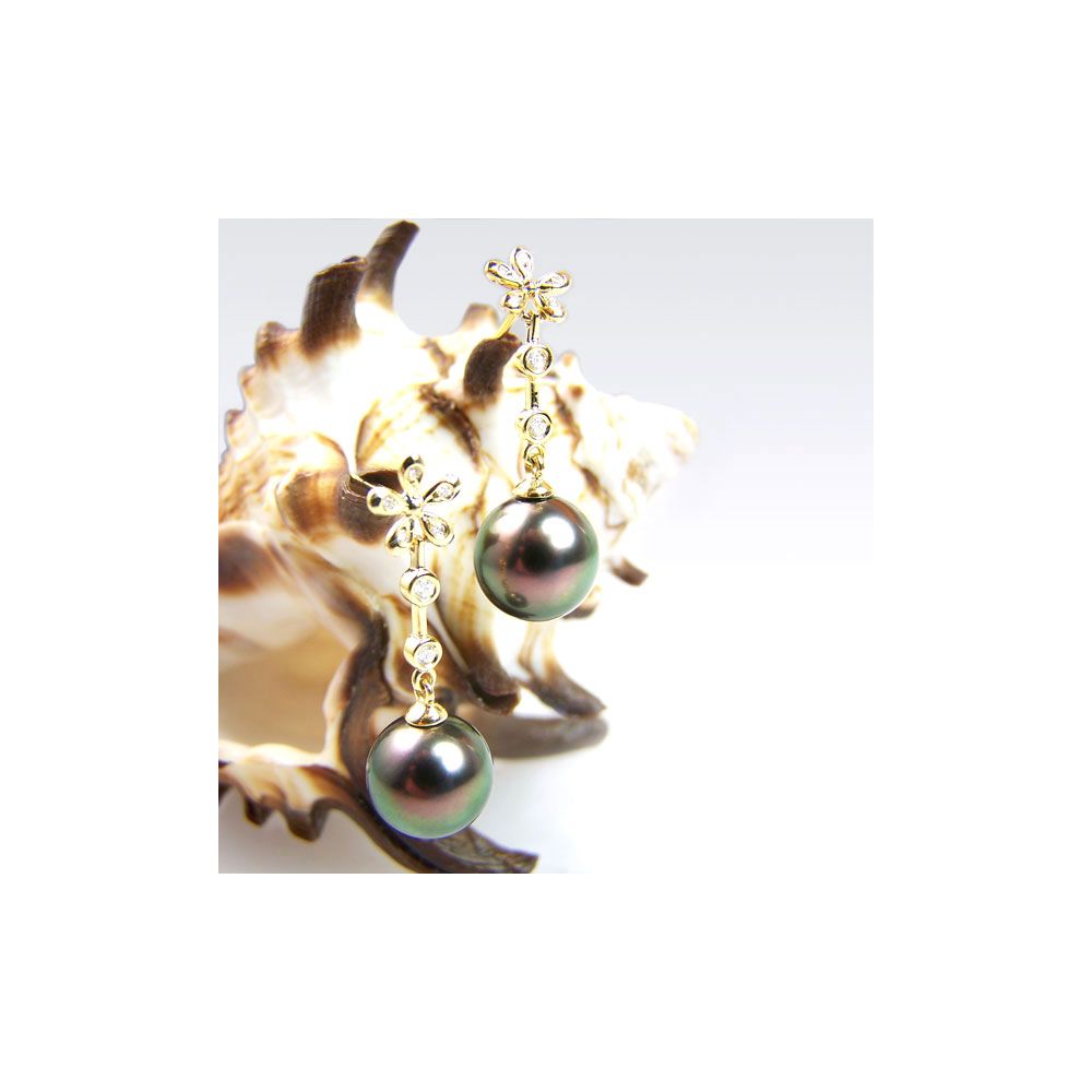 Création Boucles d'oreilles fleurs - Perles de Tahiti - Pendants or jaune, diamants - 3